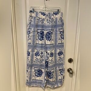 Halston Heritage Blue and White 100% Linen Wide Leg Pants